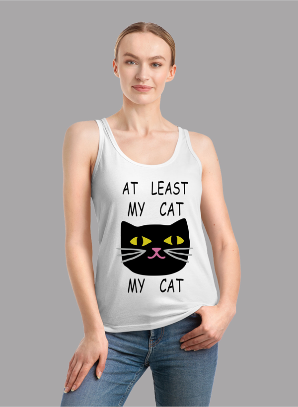 AT Least My Cat Women Tank Top featuring a racer back style and curved hem, made from quick-drying Neoteric fabric.