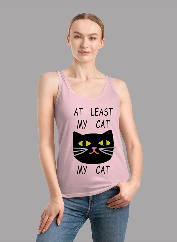 AT Least My Cat Women Tank Top featuring a racer back style and curved hem, made from quick-drying Neoteric fabric.