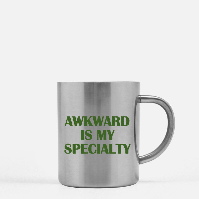 Awkward Is My Specialty Gold & Silver Mug with unique design and gold metallic coating, showcasing its ceramic material.