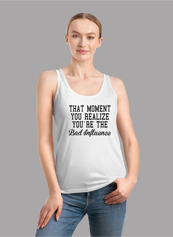 Bad Influence Women Tank Top featuring a racer back design and curved hem, made from quick-drying Neoteric™ fabric.