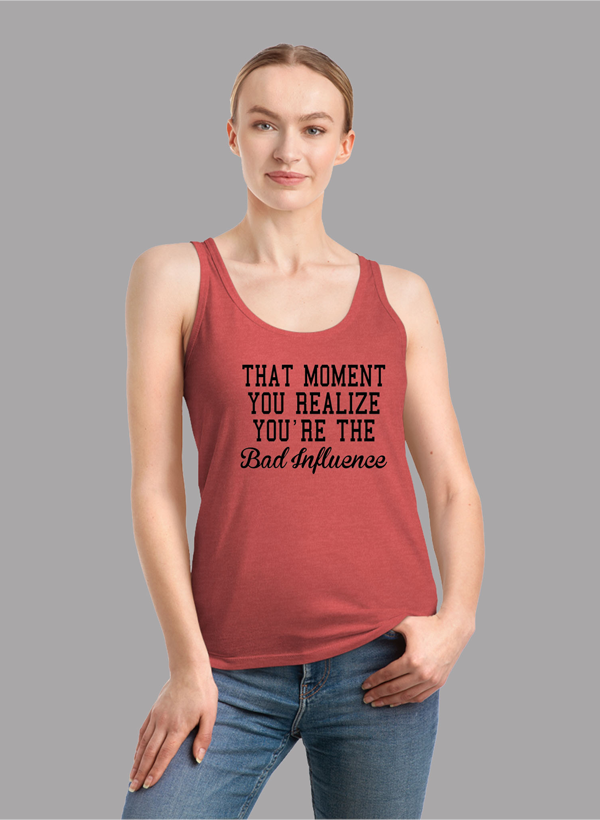 Bad Influence Women Tank Top featuring a racer back design and curved hem, made from quick-drying Neoteric™ fabric.