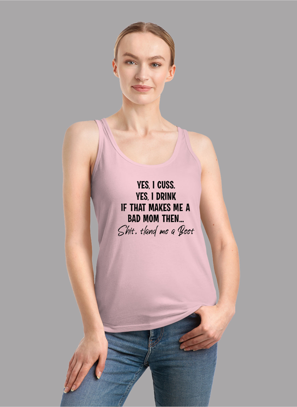 Bad Mom Women Tank Top in a stylish girlie fit with racer back design, showcasing its Neoteric™ fabric and curved back hem.