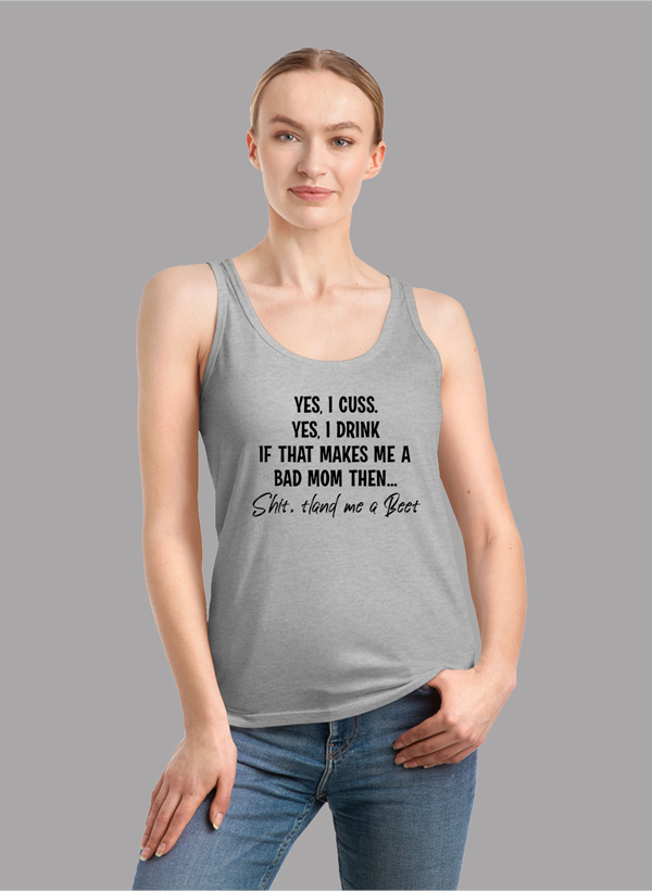 Bad Mom Women Tank Top in a stylish girlie fit with racer back design, showcasing its Neoteric™ fabric and curved back hem.