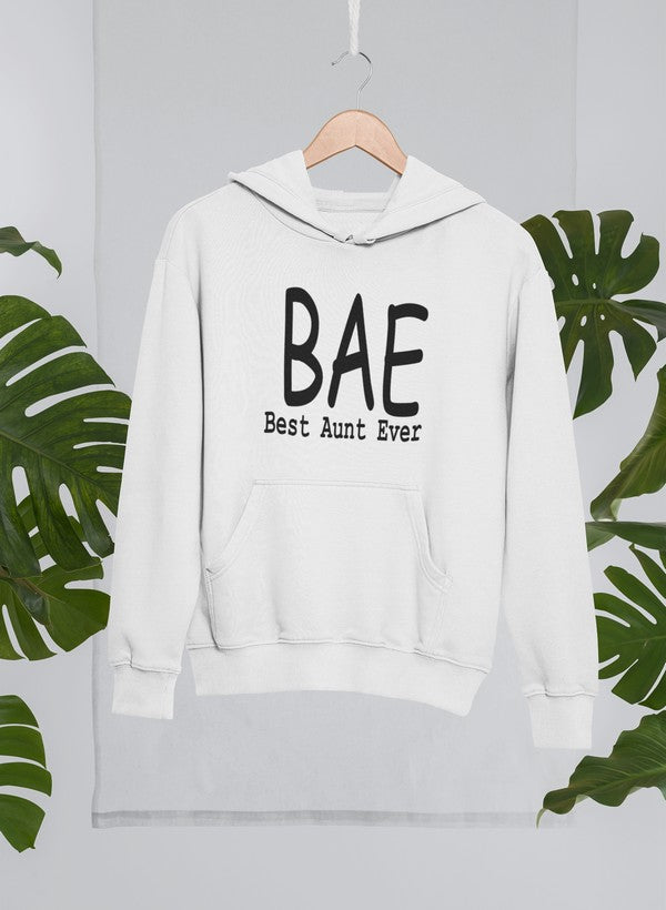 BAE Best Aunt Ever Hoodie in a cozy cotton/poly fleece blend, featuring an adjustable hood and banded cuffs.