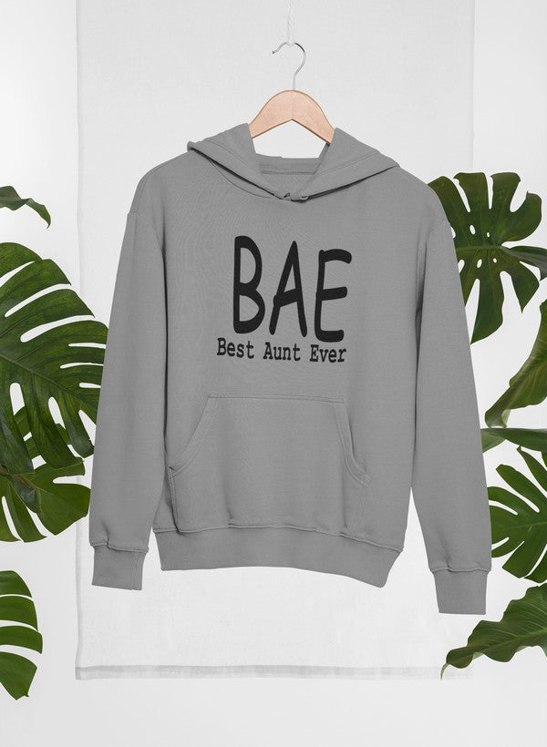 BAE Best Aunt Ever Hoodie in a cozy cotton/poly fleece blend, featuring an adjustable hood and banded cuffs.