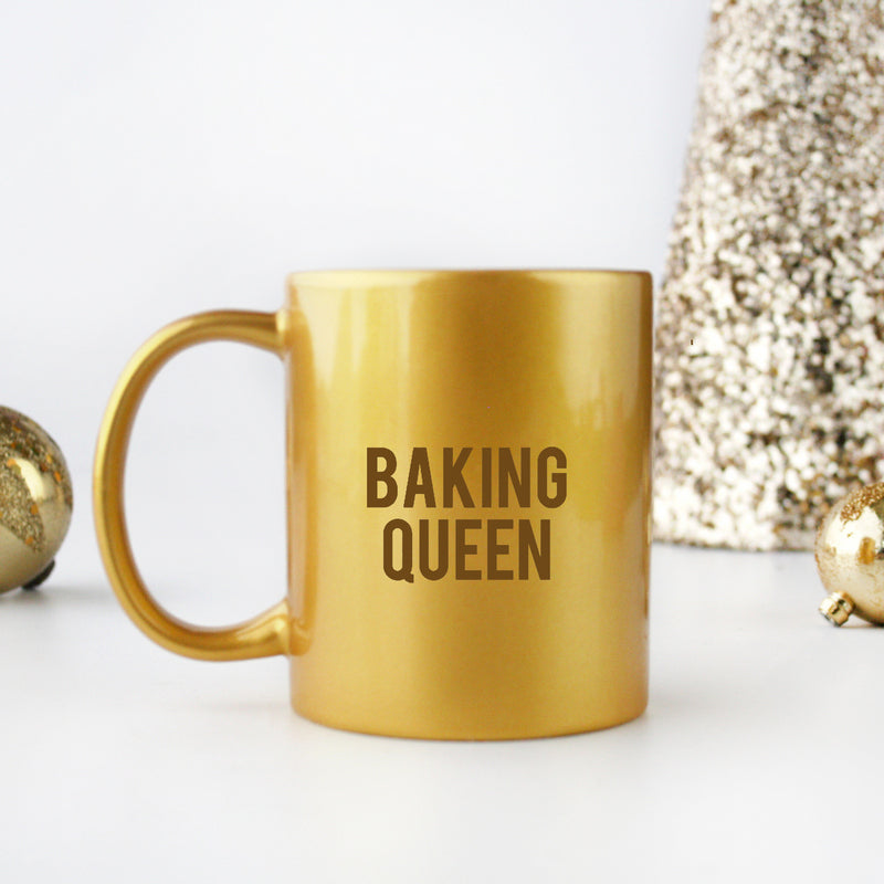 Baking Queen Gold & Silver Mug with elegant metallic finish, showcasing its ceramic design and stylish appearance.