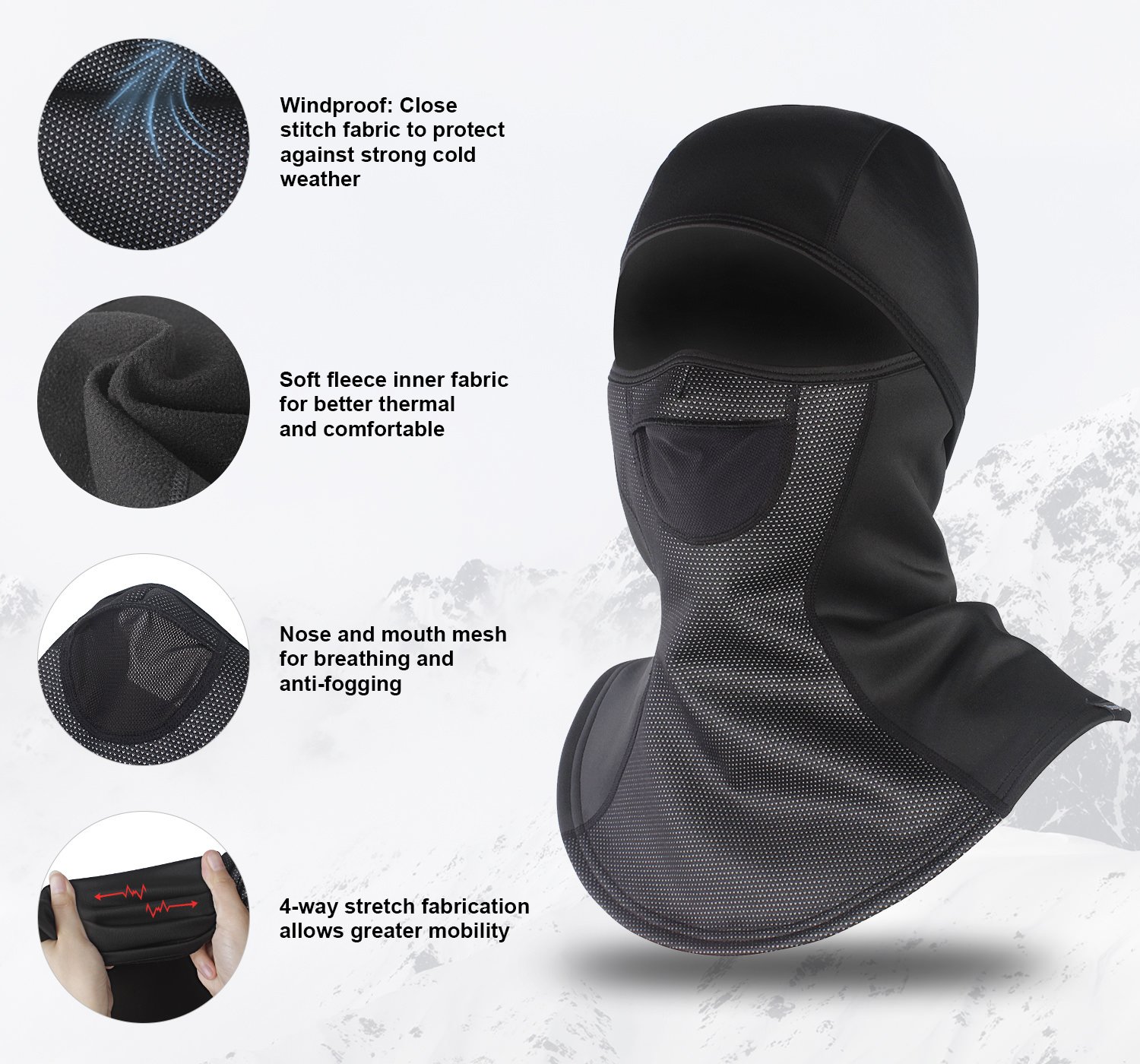 A black Balaclava Ski Mask designed for outdoor activities, providing full face coverage and warmth against cold weather.