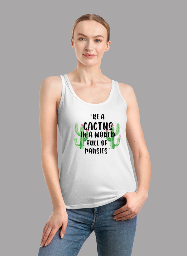 Be A Cactus Tank Top featuring a girlie fit, racer back style, and curved back hem in a vibrant color.