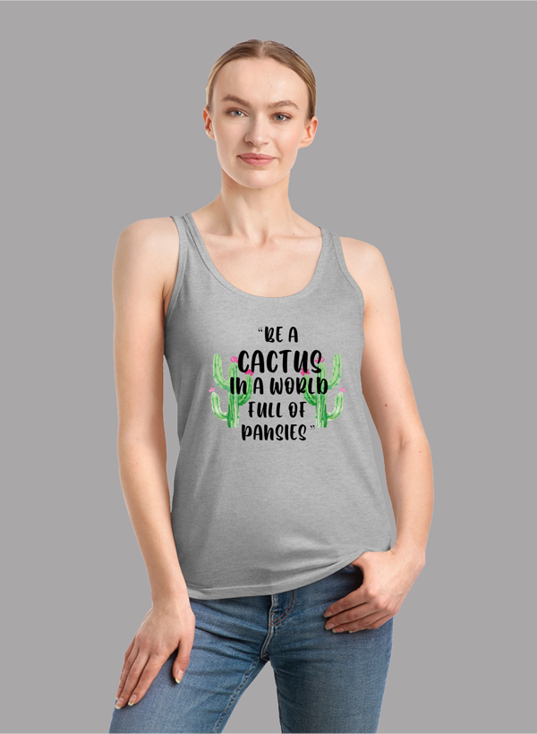 Be A Cactus Tank Top featuring a girlie fit, racer back style, and curved back hem in a vibrant color.