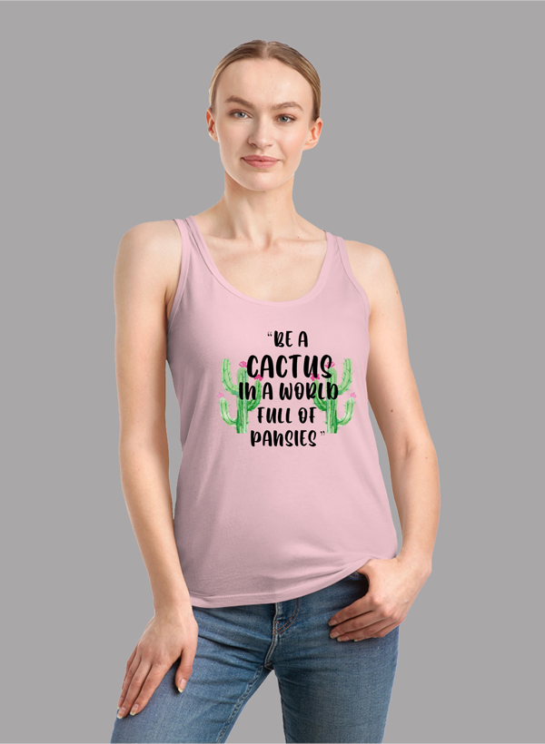 Be A Cactus Tank Top featuring a girlie fit, racer back style, and curved back hem in a vibrant color.