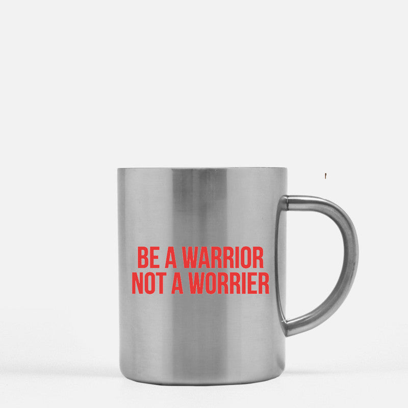 A stylish ceramic mug with gold metallic coating featuring the phrase 'Be A Warrior Not A Worrier' in elegant typography.