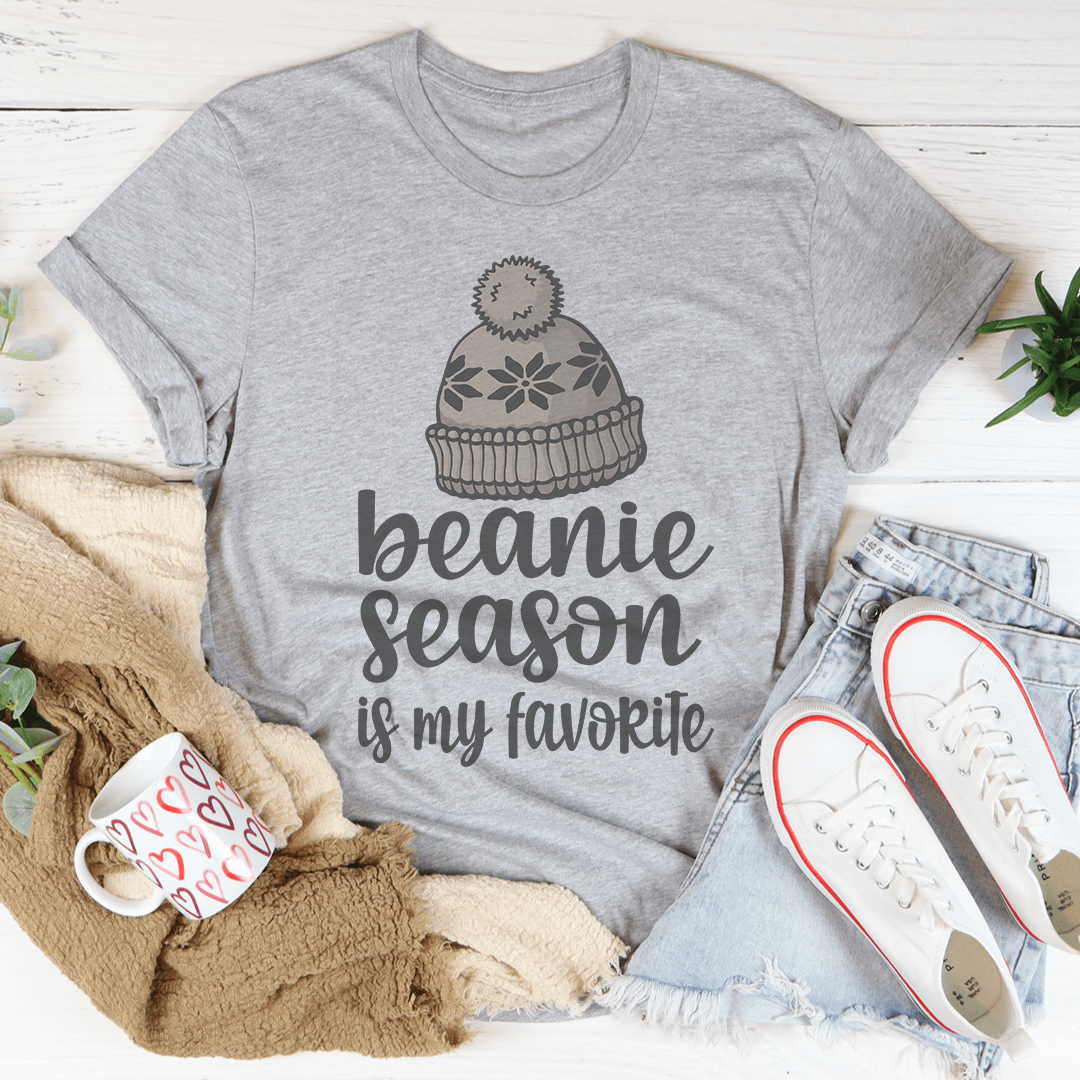 Beanie Season T-Shirt made from soft ring-spun cotton, featuring double stitching for durability, available in various sizes.