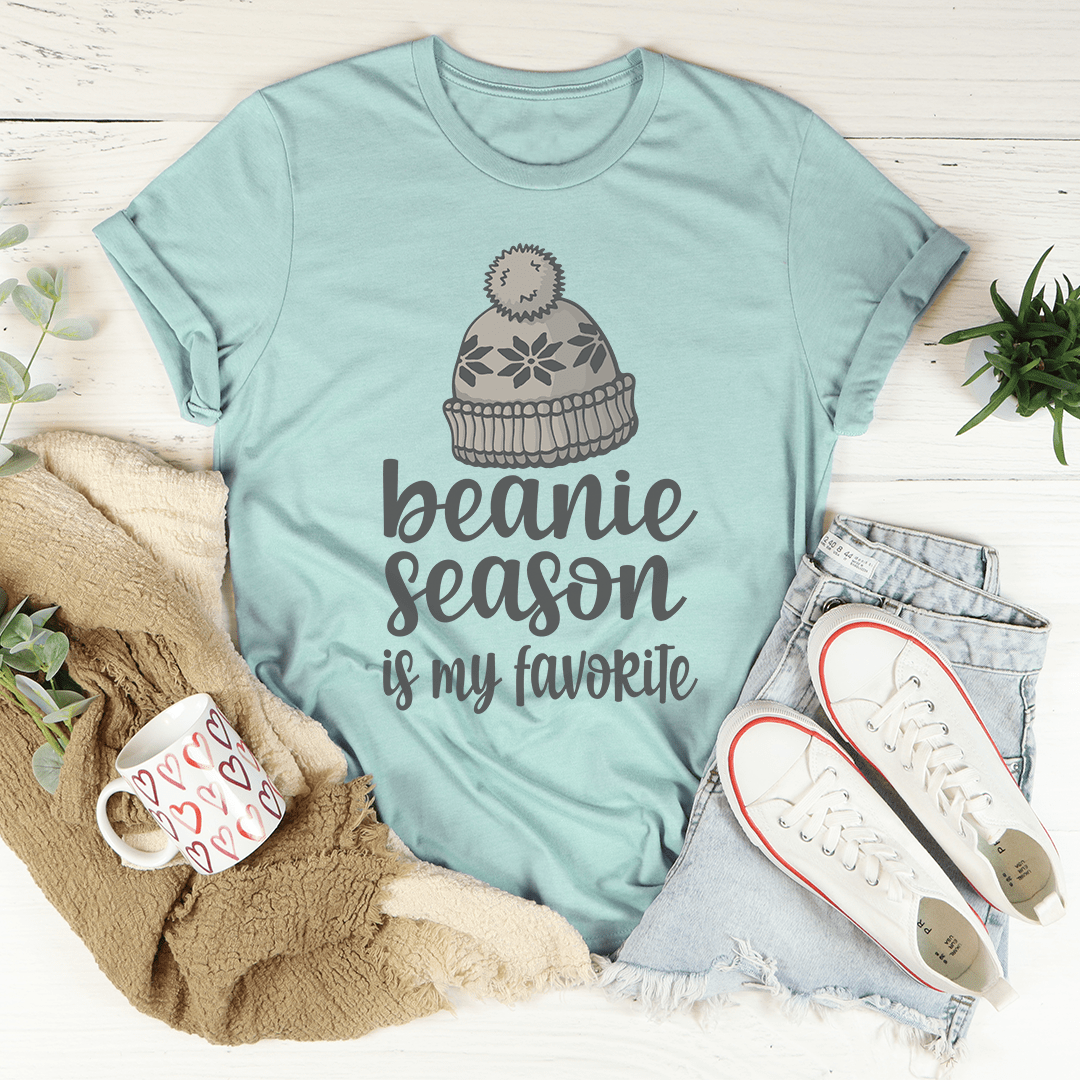 Beanie Season T-Shirt made from soft ring-spun cotton, featuring double stitching for durability, available in various sizes.