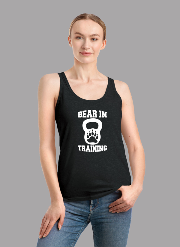 BEAR IN TRAINING Tank Top for women, featuring a racer back style and curved hem in a vibrant color.