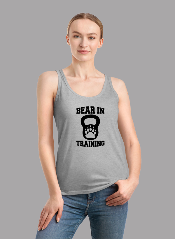 BEAR IN TRAINING Tank Top for women, featuring a racer back style and curved hem in a vibrant color.