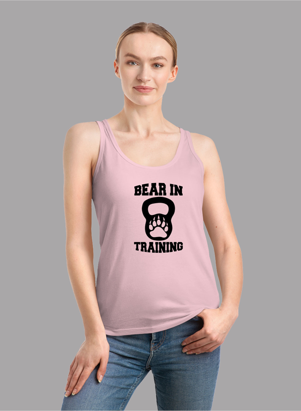 BEAR IN TRAINING Tank Top for women, featuring a racer back style and curved hem in a vibrant color.