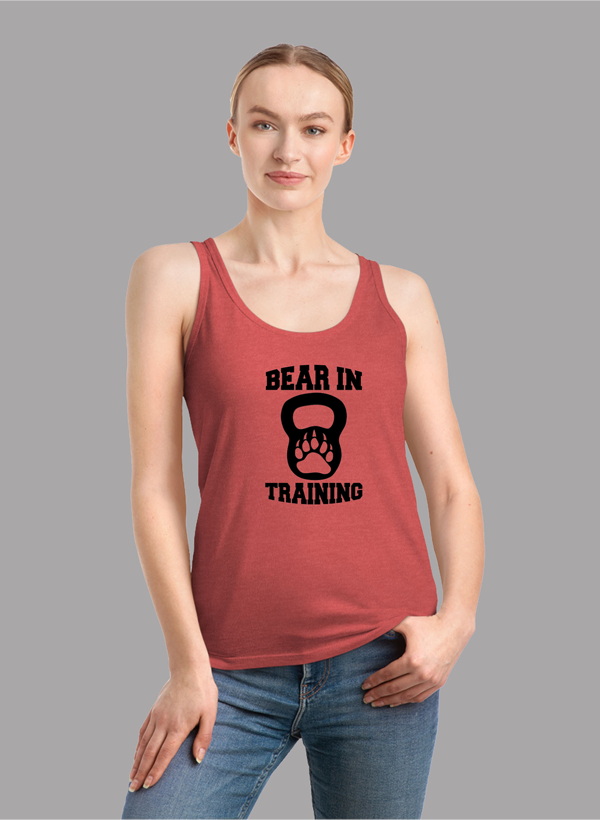 BEAR IN TRAINING Tank Top for women, featuring a racer back style and curved hem in a vibrant color.