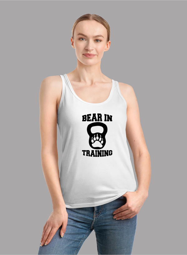 BEAR IN TRAINING Tank Top for women, featuring a racer back style and curved hem in a vibrant color.