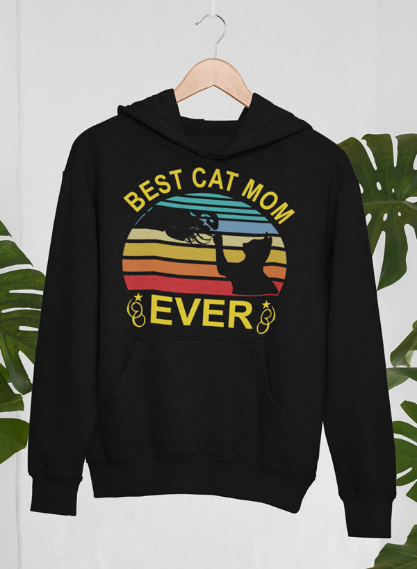 A cozy Best Cat Mom Ever Hoodie featuring a stylish design, adjustable hood, and banded cuffs, perfect for cat lovers.