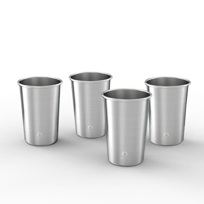 Set of four Bevu® FIESTA Steel Cups in silver, showcasing their lightweight and stackable design.