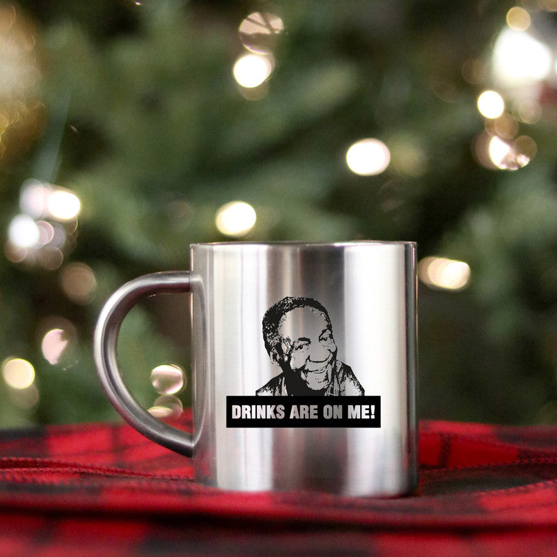 Bill Cosby Drinks Are On Me Gold & Silver Mug featuring elegant gold metallic coating and unique design.