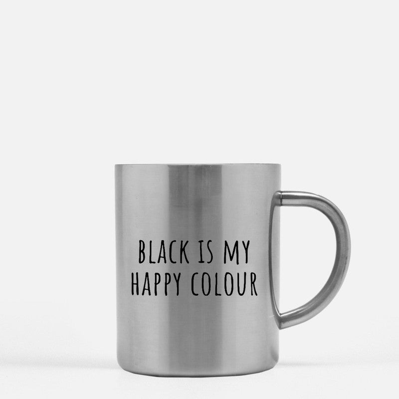 Elegant black ceramic mug with gold metallic coating, featuring the phrase 'Black Is My Happy Colour' in stylish typography.