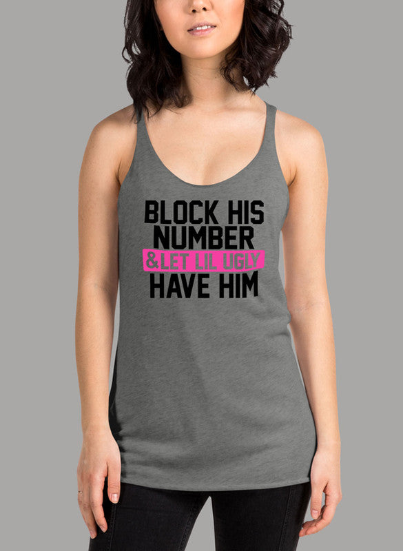 Block His Number Women Performance Tank Top in racer back style, showcasing curved back hem and Neoteric fabric.