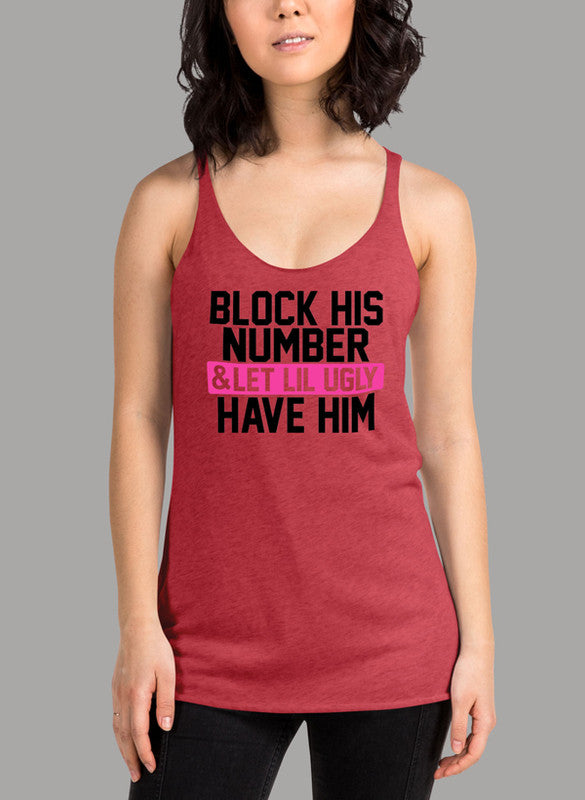 Block His Number Women Performance Tank Top in racer back style, showcasing curved back hem and Neoteric fabric.