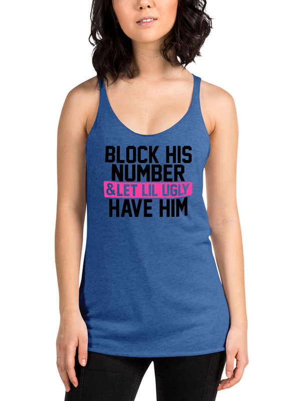 Block His Number Women Performance Tank Top in racer back style, showcasing curved back hem and Neoteric fabric.