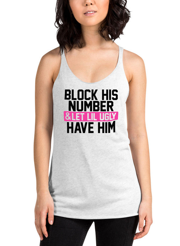 Block His Number Women Performance Tank Top in racer back style, showcasing curved back hem and Neoteric fabric.