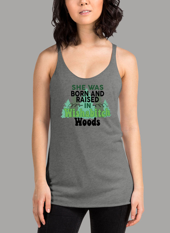 Born Raised Women Tank Top featuring a racer back design and curved hem, made from quick-drying Neoteric™ fabric.