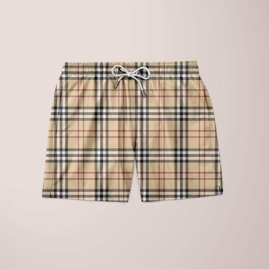 Burberry Old Branded Pattern Shorts featuring a unique full print design, made from 100% microfiber, showcasing vibrant colors and a mirrored back.