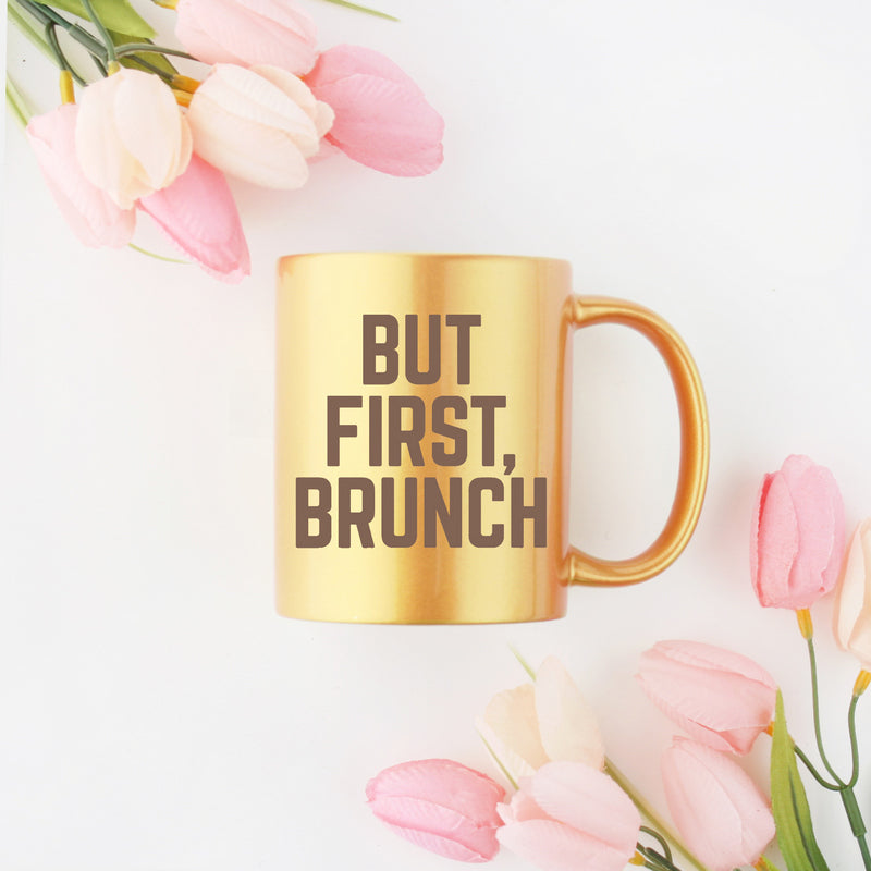 Elegant gold and silver ceramic mug designed for brunch, featuring a stylish metallic coating.