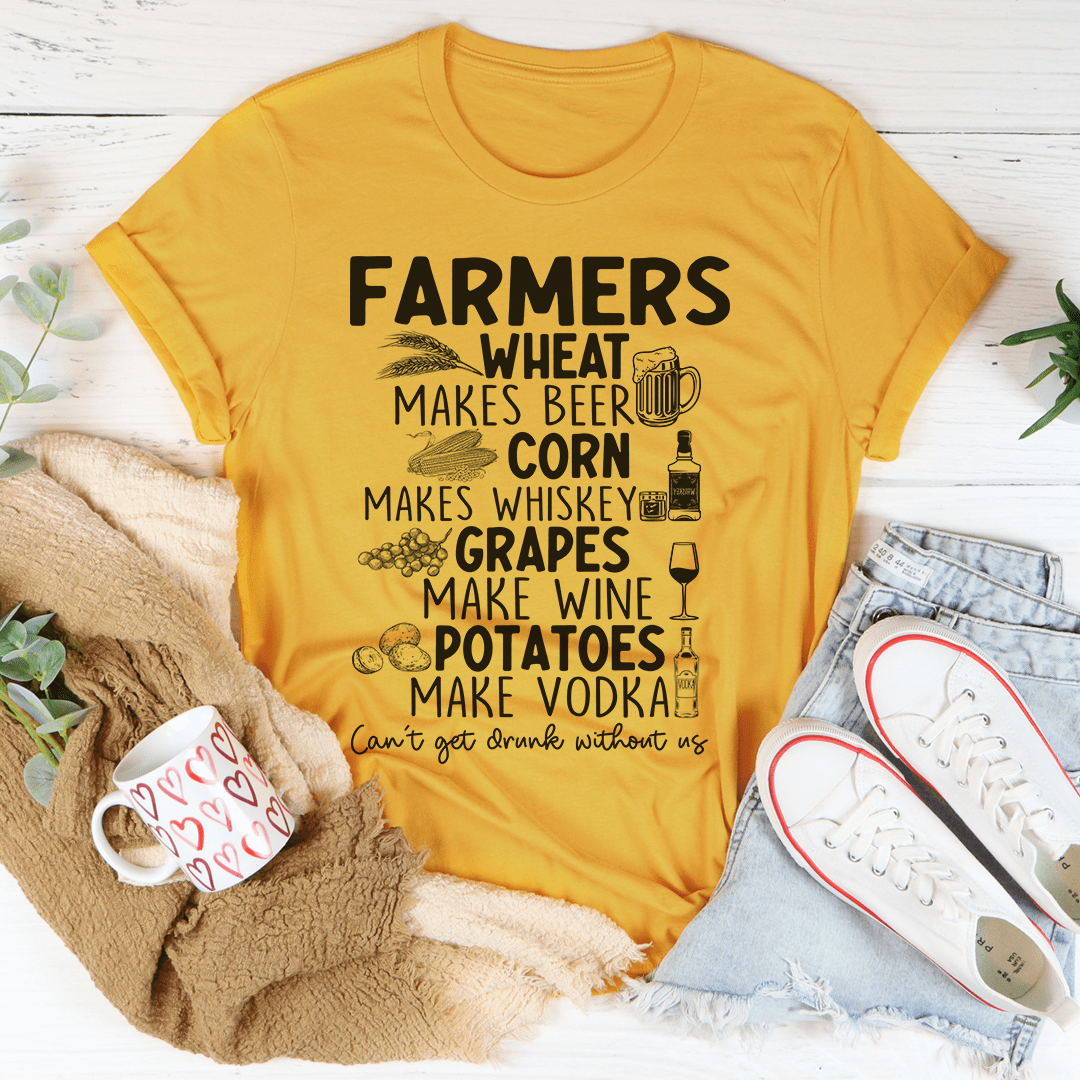 A comfortable Can't Get Drunk Without Farmers T-Shirt made from soft ring-spun cotton, featuring double stitching for durability.