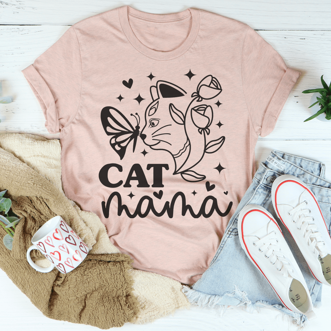 A stylish Cat Mama Tee made from soft ring-spun cotton, featuring a playful cat-themed design, perfect for cat lovers.