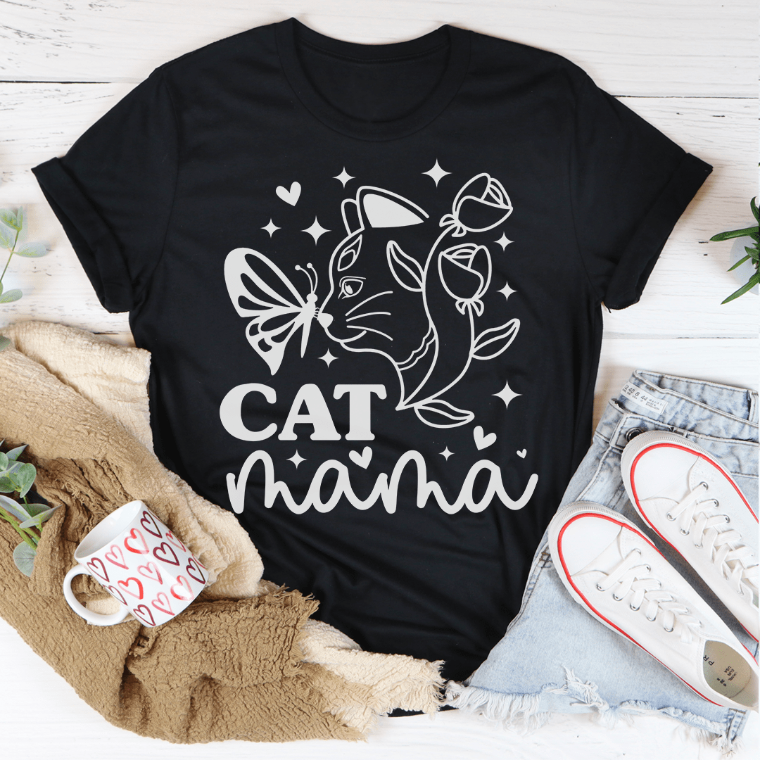 A stylish Cat Mama Tee made from soft ring-spun cotton, featuring a playful cat-themed design, perfect for cat lovers.