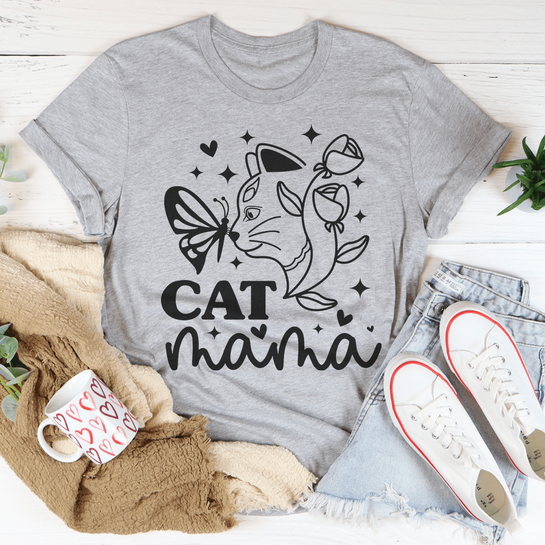 A stylish Cat Mama Tee made from soft ring-spun cotton, featuring a playful cat-themed design, perfect for cat lovers.