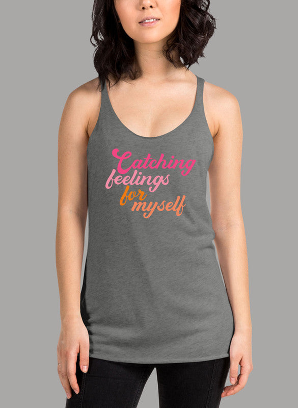 Catching Feelings Women Tank Top in a stylish racer back design, showcasing its curved back hem and Neoteric™ fabric.