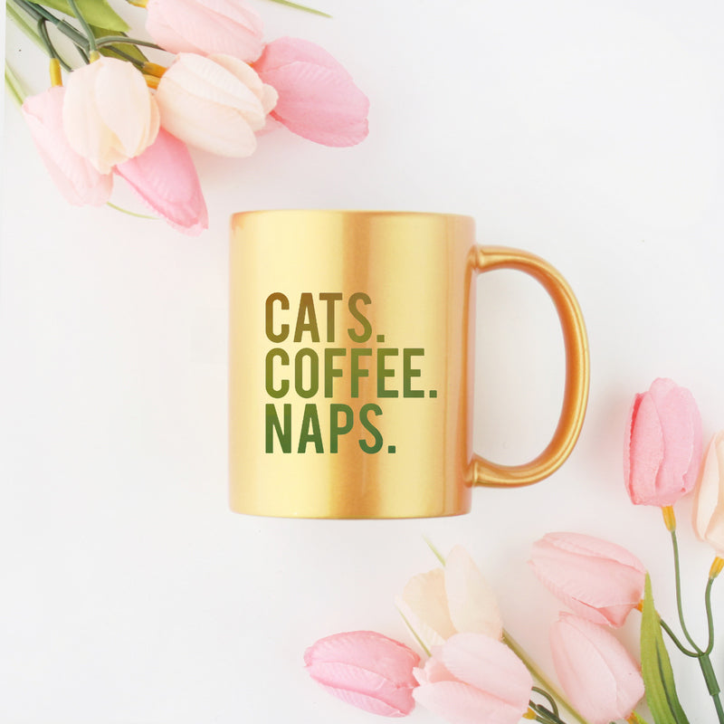 Cats Coffee Naps Gold & Silver Mug with elegant design and gold metallic coating, perfect for cat lovers.