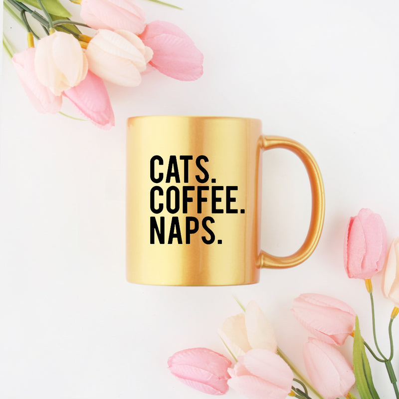 Cats Coffee Naps Gold & Silver Mug with elegant design and gold metallic coating, perfect for cat lovers.