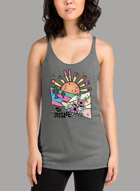 Choose To Shine Women Tank Top in various colors, showcasing its racer back style and curved hem.