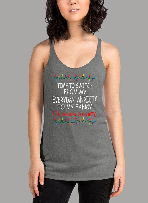 A stylish Christmas Anxiety Women Tank Top featuring a racer back design and curved hem, made from quick-drying Neoteric™ fabric.