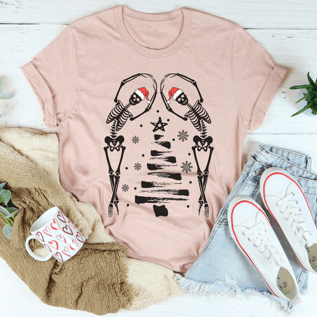 A comfortable Christmas Tree Skeletons Tee featuring a unique holiday design, made from soft ring-spun cotton with durable stitching.