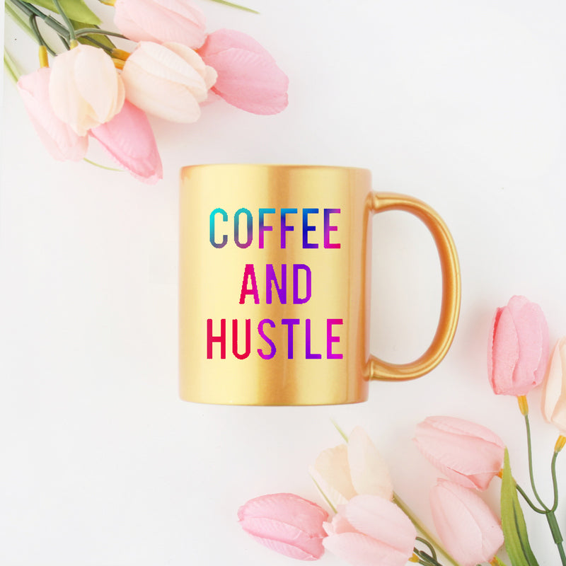 Coffee And Hustle Gold & Silver Mug with elegant design and gold metallic coating, perfect for coffee lovers.