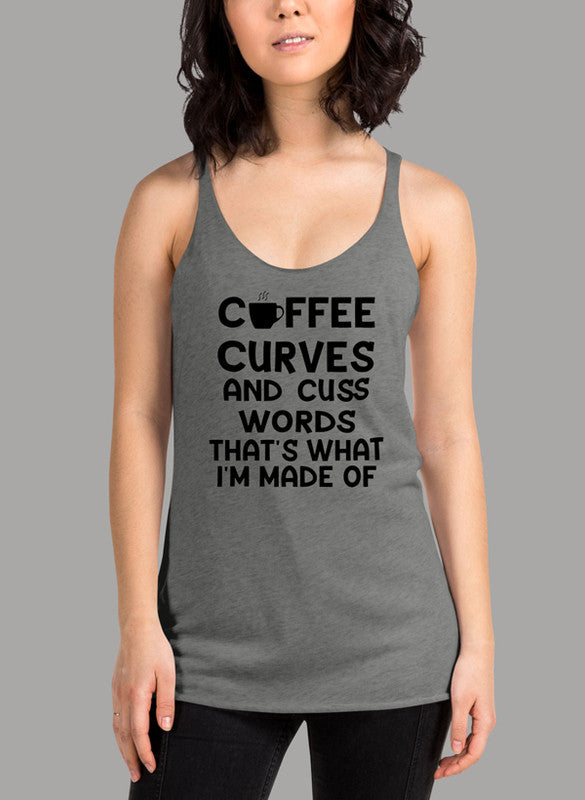 Coffee Curves Cuss Words Women Tank Top featuring a racer back style and curved back hem, made from quick-drying Neoteric™ fabric.