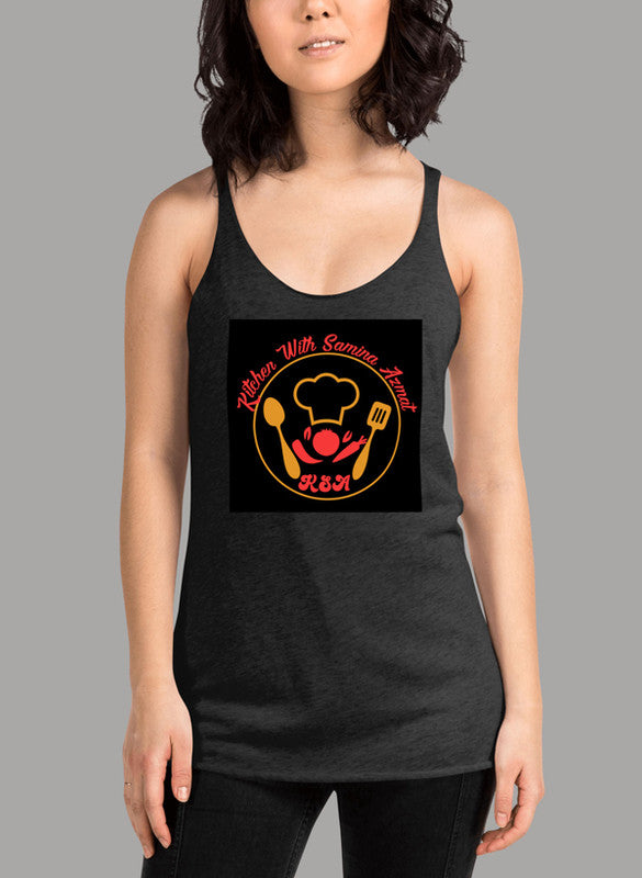 Cooking Black Women Tank Top featuring a racer back design and curved hem, made from quick-drying fabric.