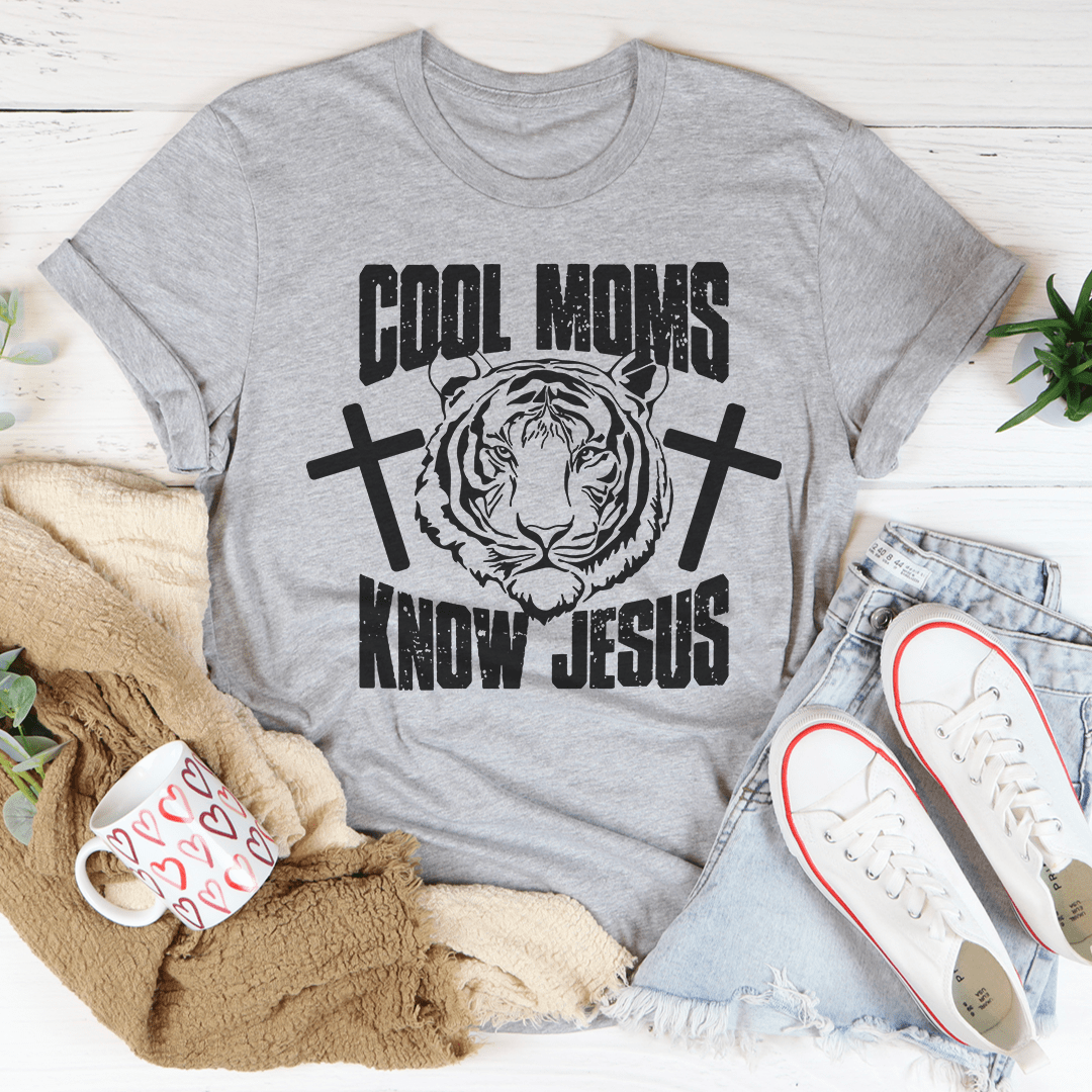 Cool Moms Know Jesus Tee in soft cotton, featuring double stitching and a stylish design, perfect for casual wear.