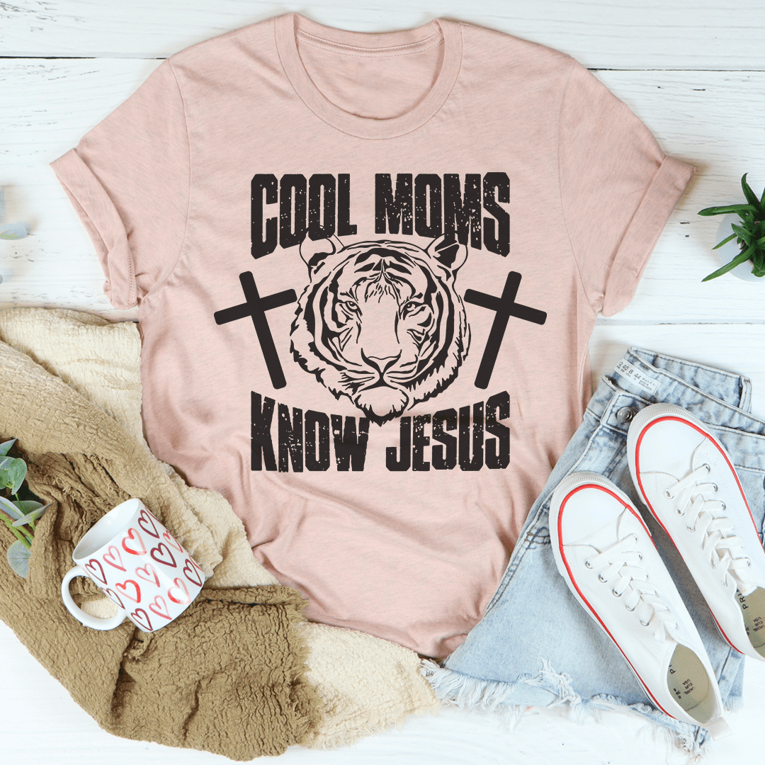 Cool Moms Know Jesus Tee in soft cotton, featuring double stitching and a stylish design, perfect for casual wear.