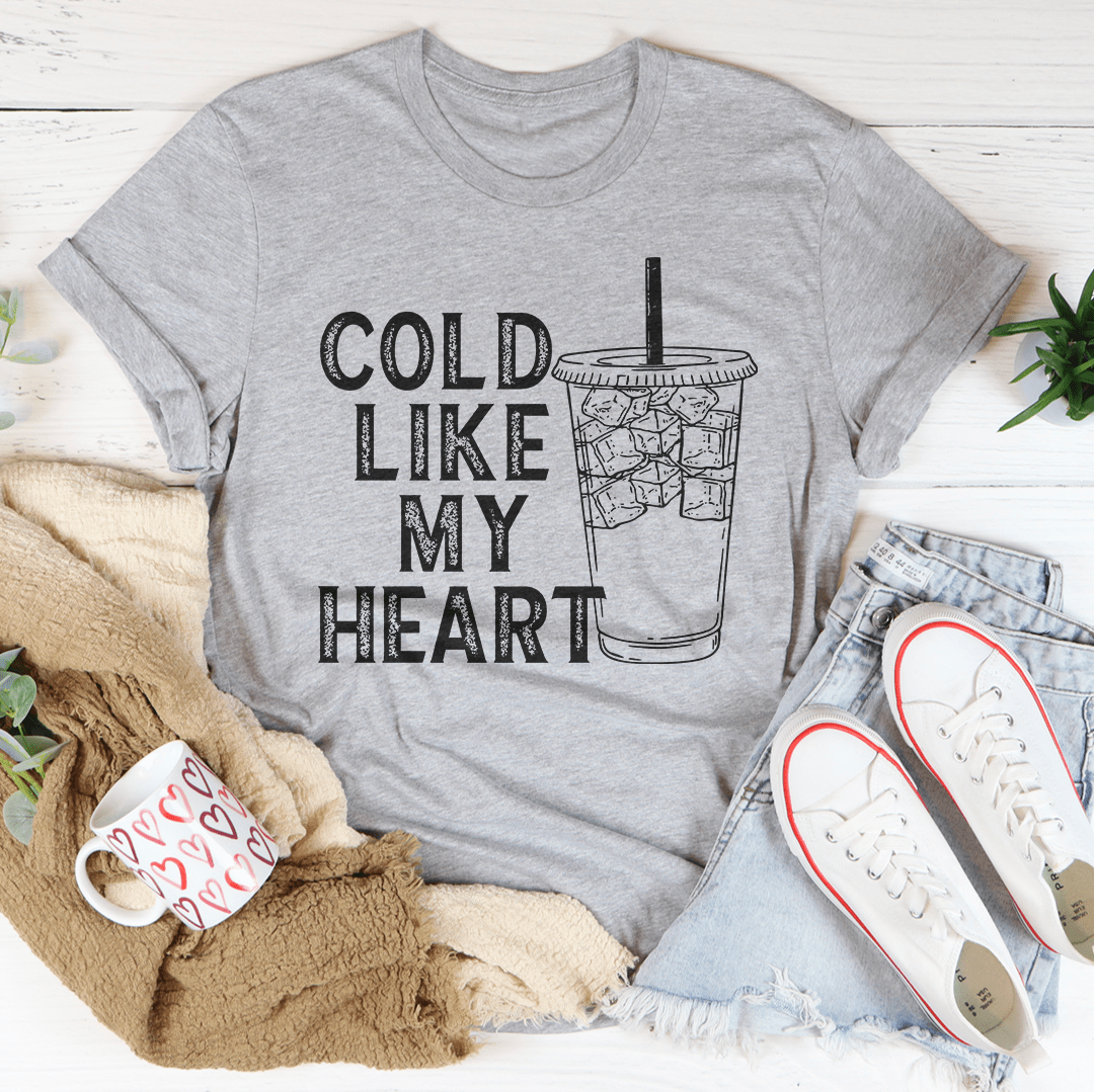 Cold Like My Heart Tee made from soft ring-spun cotton, featuring double stitching for durability, available in various sizes.