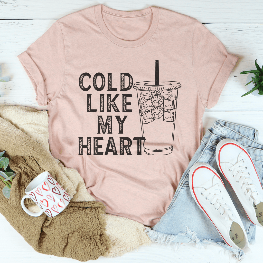 Cold Like My Heart Tee made from soft ring-spun cotton, featuring double stitching for durability, available in various sizes.